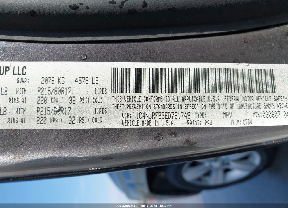 2014 JEEP PATRIOT LATITUDE VIN: 1C4NJRFB3ED761749