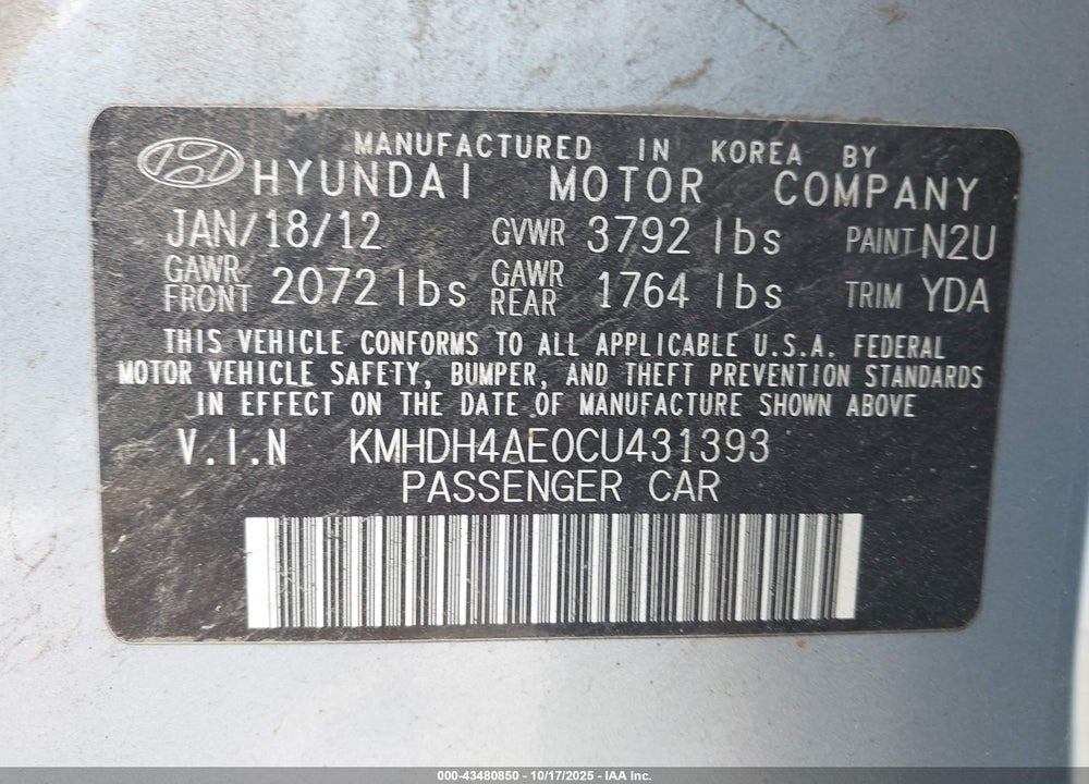 2012 HYUNDAI ELANTRA VIN: KMHDH4AE0CU431393