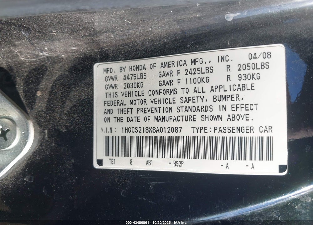 2008 HONDA ACCORD 3.5 EX-L VIN: 1HGCS218X8A012087