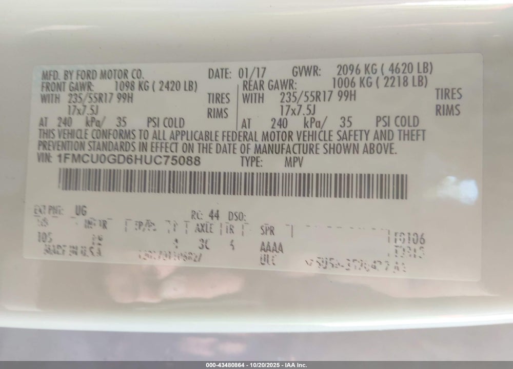 2017 FORD ESCAPE SE VIN: 1FMCU0GD6HUC75088