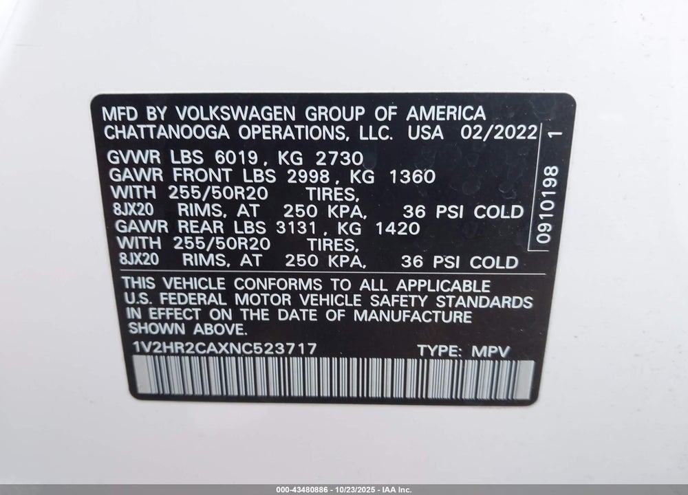 2022 VOLKSWAGEN ATLAS 3.6L V6 SE W/TECHNOLOGY VIN: 1V2HR2CAXNC523717