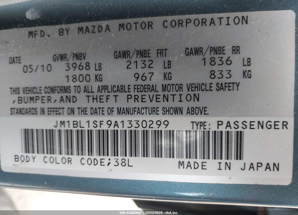2010 MAZDA 3 I SPORT VIN: JM1BL1SF9A1330299