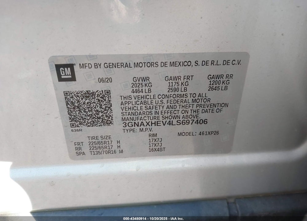 2020 CHEVROLET EQUINOX VIN: 3GNAXHEV4LS697406