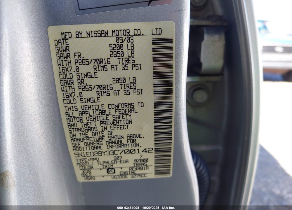 2003 NISSAN XTERRA XE VIN: 5N1ED28Y33C700142