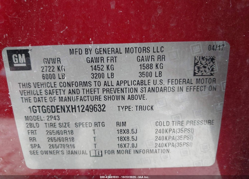 2017 GMC CANYON SLT VIN: 1GTG6DENXH1249632