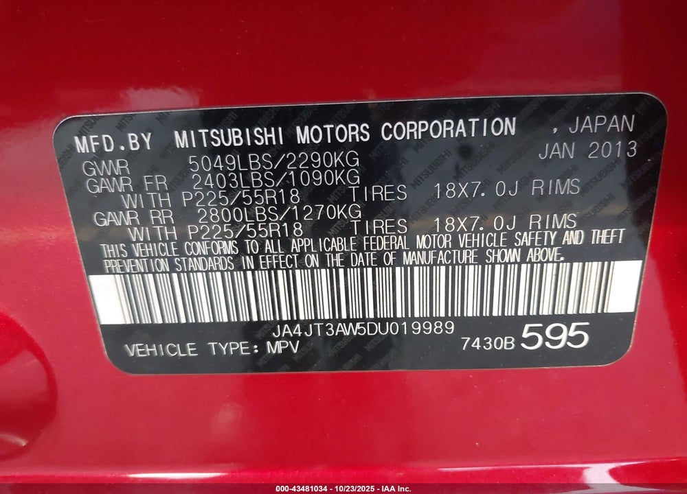 2013 MITSUBISHI OUTLANDER VIN: JA4JT3AW5DU019989