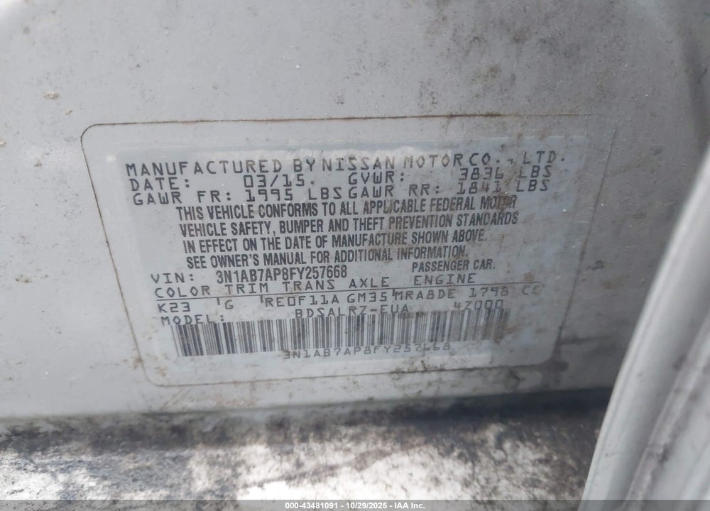 2015 NISSAN SENTRA SR VIN: 3N1AB7AP8FY257668