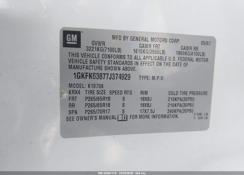 2007 GMC YUKON VIN: 1GKFK63877J374929