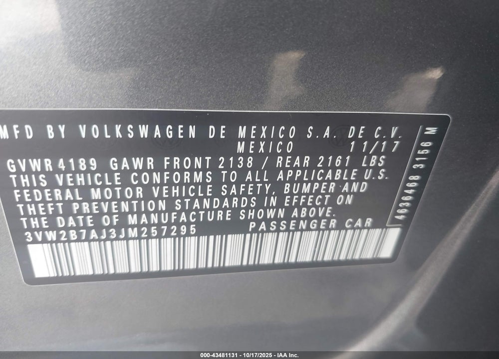 2018 VOLKSWAGEN JETTA VIN: 3VW2B7AJ3JM257295