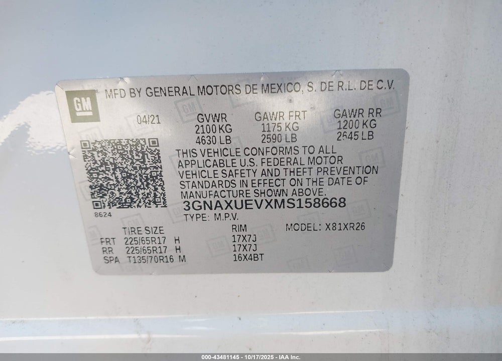 2021 CHEVROLET EQUINOX AWD LT VIN: 3GNAXUEVXMS158668