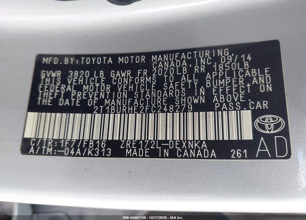 2015 TOYOTA COROLLA VIN: 2T1BURHE2FC248279