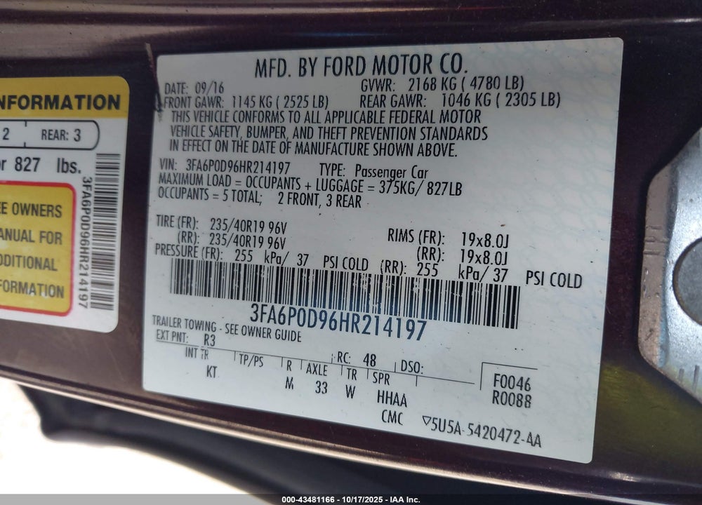 2017 FORD FUSION TITANIUM VIN: 3FA6P0D96HR214197