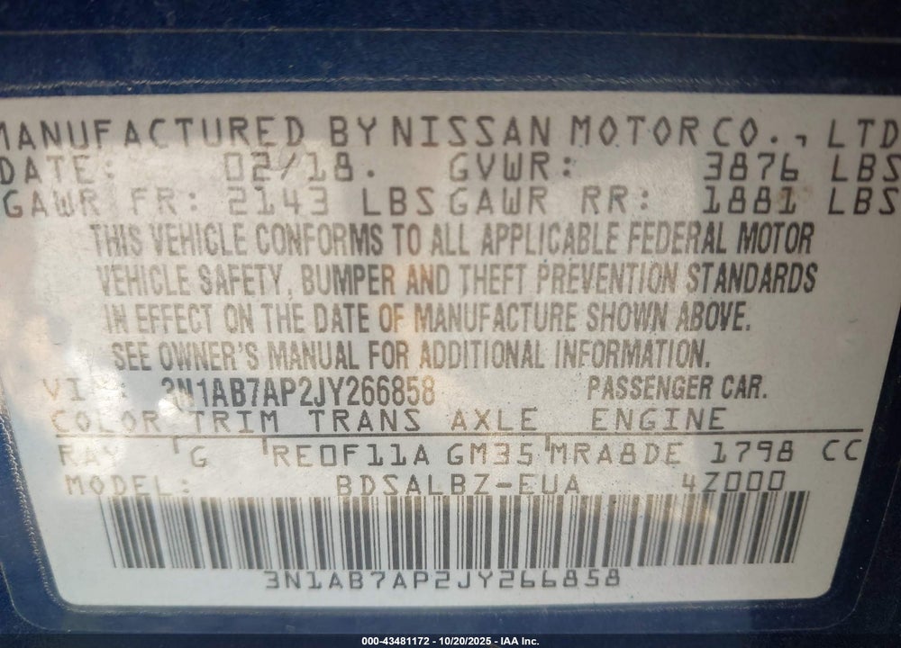 2018 NISSAN SENTRA S VIN: 3N1AB7AP2JY266858