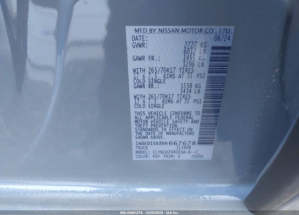 2024 NISSAN FRONTIER VIN: 1N6ED1EK8RN667678