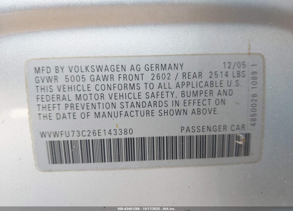 2006 VOLKSWAGEN PASSAT VIN: WVWFU73C26E143380