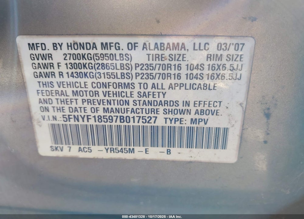 2007 HONDA PILOT EX-L VIN: 5FNYF18597B017527