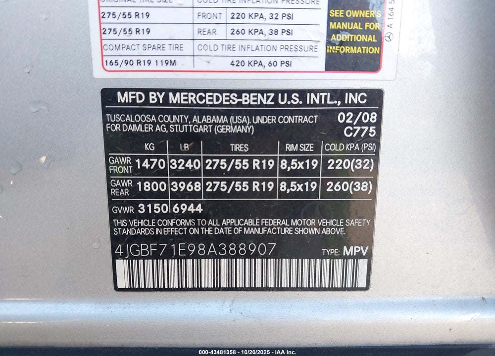2008 MERCEDES-BENZ GL 450 4MATIC VIN: 4JGBF71E98A388907