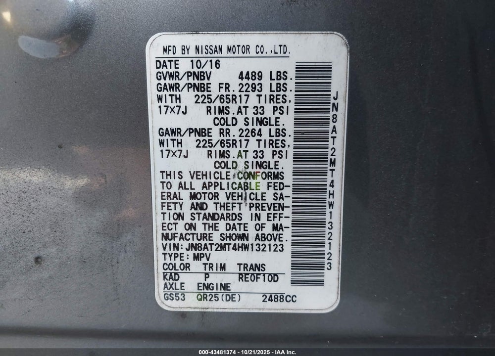 2017 NISSAN ROGUE S VIN: JN8AT2MT4HW132123