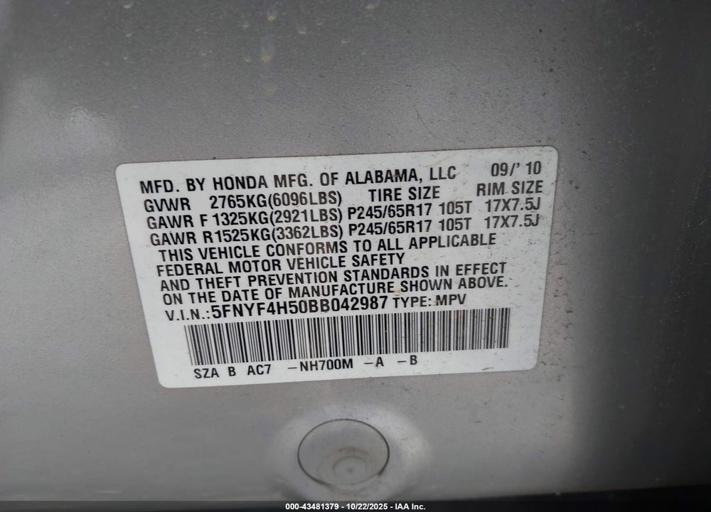2011 HONDA PILOT VIN: 5FNYF4H50BB042987
