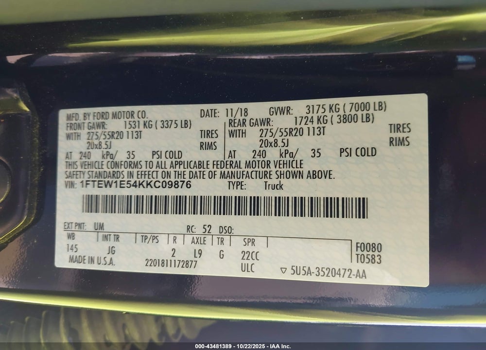 2019 FORD F-150 VIN: 1FTEW1E54KKC09876