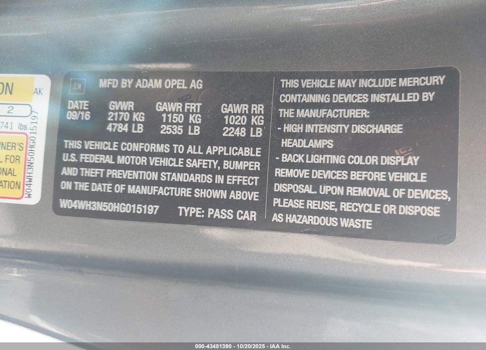 2017 BUICK CASCADA VIN: W04WH3N50HG015197