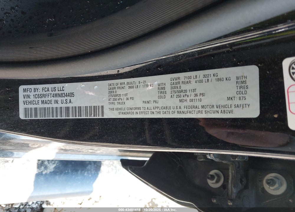 2021 RAM 1500 VIN: 1C6SRFFT4MN834405