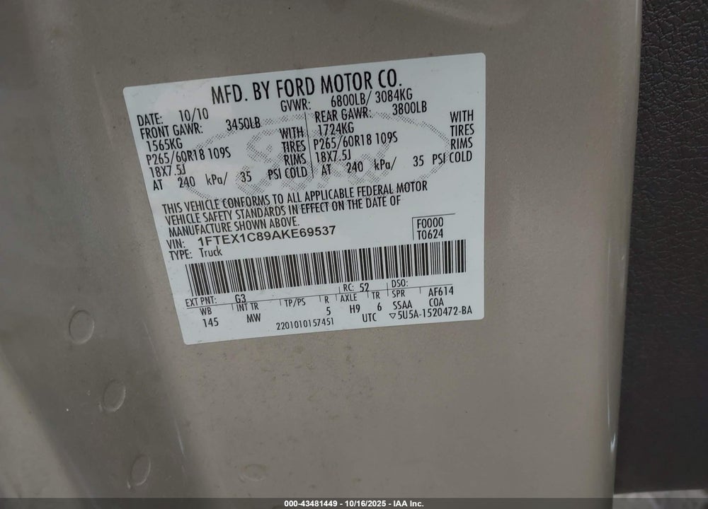 2010 FORD F-150 FX2 SPORT/STX/XL/XLT VIN: 1FTEX1C89AKE69537