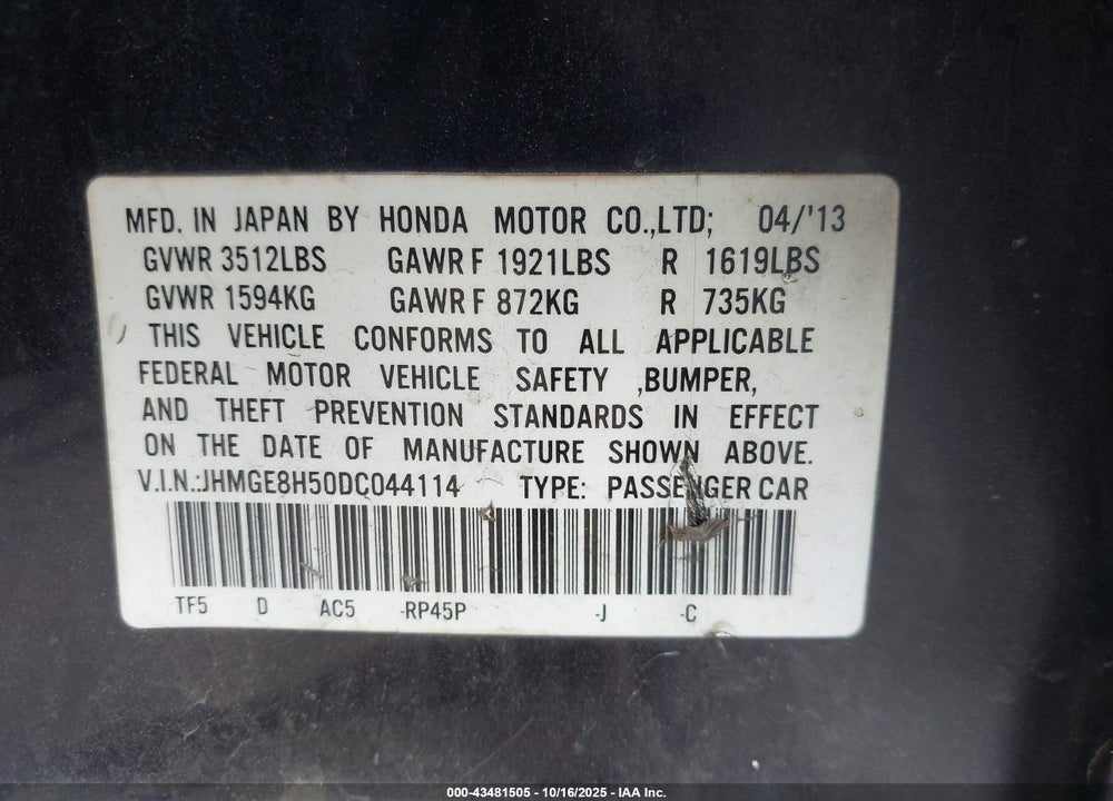 2013 HONDA FIT SPORT VIN: JHMGE8H50DC044114