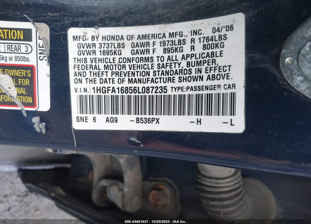2006 HONDA CIVIC VIN: 1HGFA16856L087235