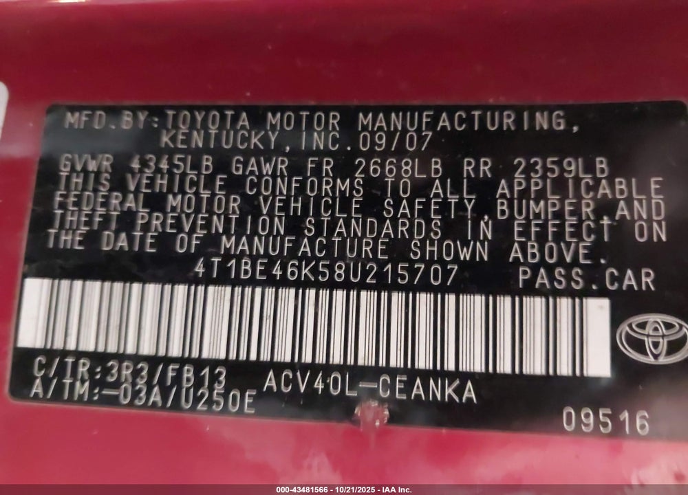 2008 TOYOTA CAMRY VIN: 4T1BE46K58U215707