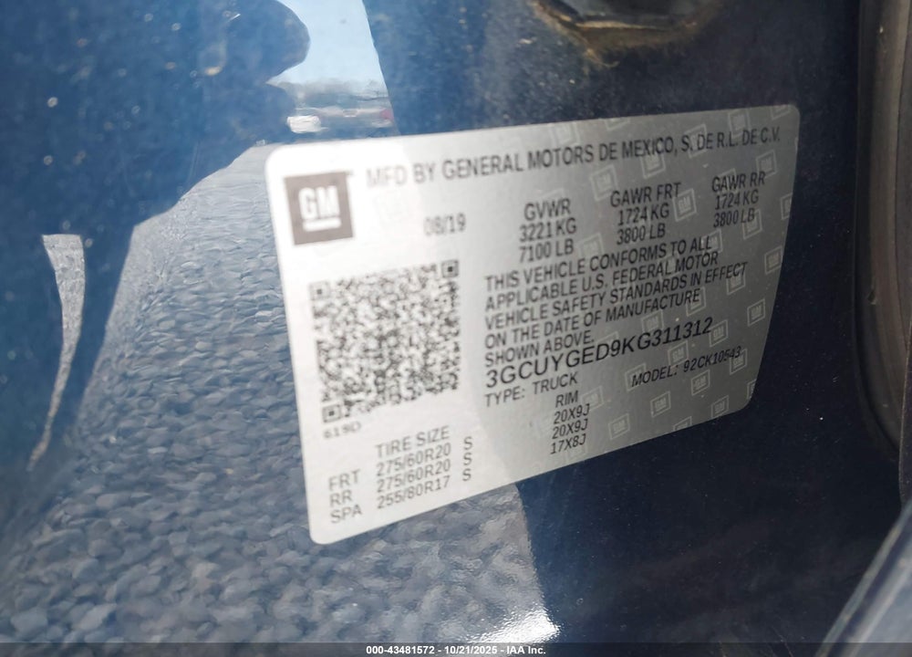 2019 CHEVROLET SILVERADO 1500 LTZ VIN: 3GCUYGED9KG311312