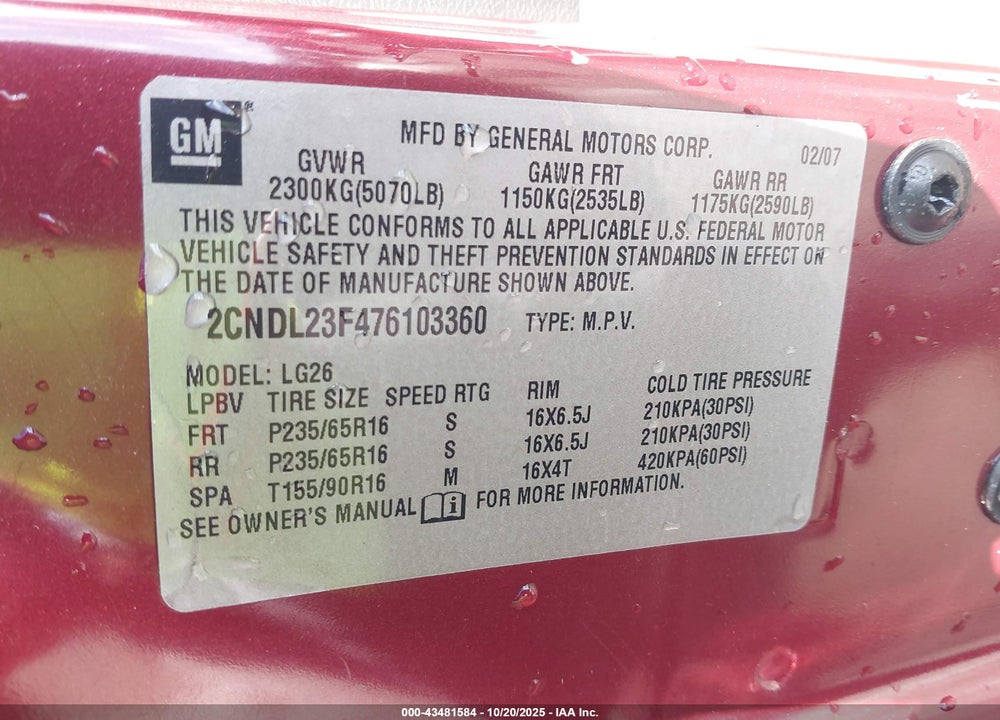 2007 CHEVROLET EQUINOX LS VIN: 2CNDL23F476103360
