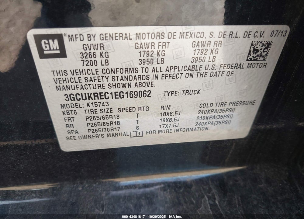 2014 CHEVROLET SILVERADO 1500 2LT VIN: 3GCUKREC1EG169062