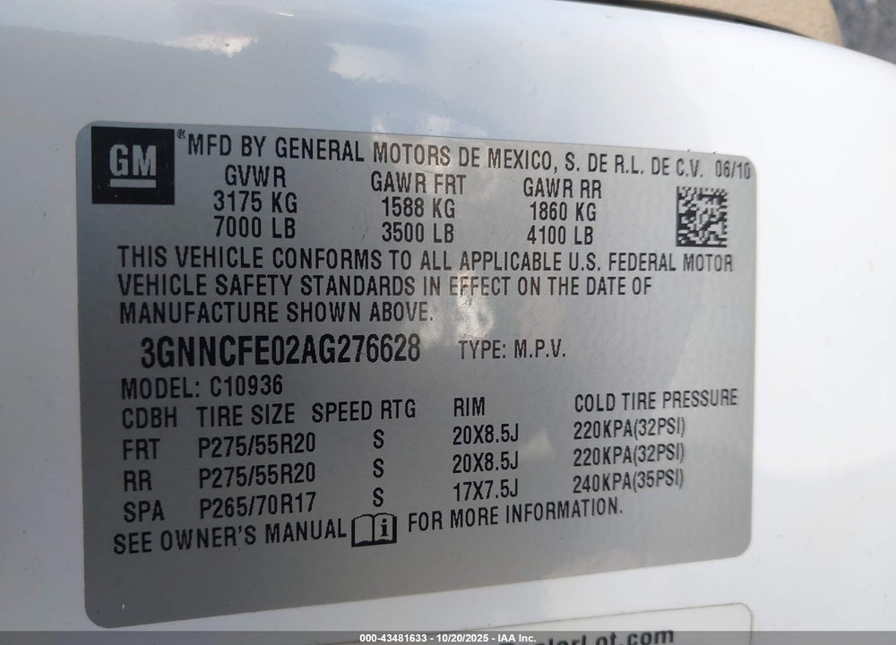 2010 CHEVROLET AVALANCHE 1500 LT1 VIN: 3GNNCFE02AG276628