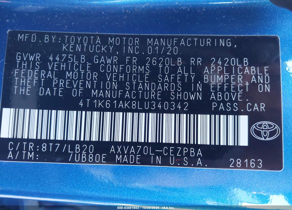 2020 TOYOTA CAMRY VIN: 4T1K61AK8LU340342