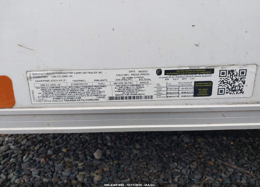 2023 CARRY ON ENCLOSED TRAILER VIN: 4YMBC1213PN014156