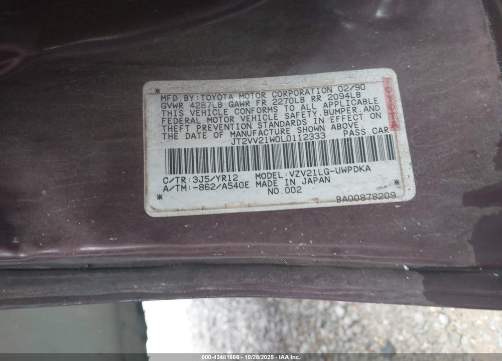 1990 TOYOTA CAMRY DLX VIN: JT2VV21W0L0112333