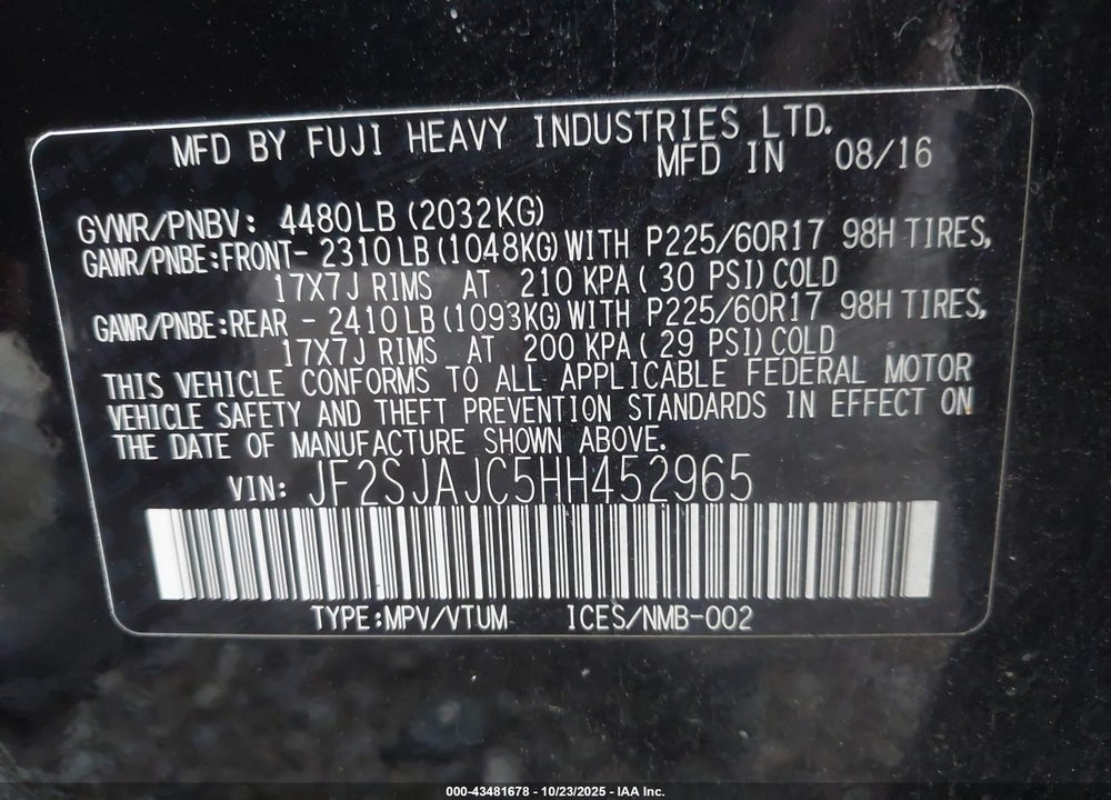 2017 SUBARU FORESTER VIN: JF2SJAJC5HH452965