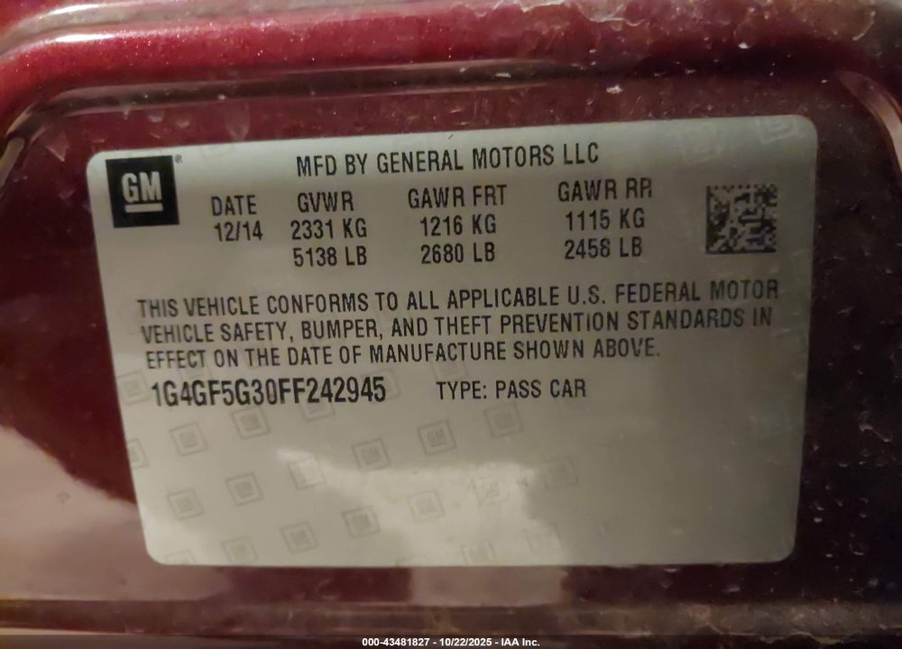 2015 BUICK LACROSSE PREMIUM II VIN: 1G4GF5G30FF242945
