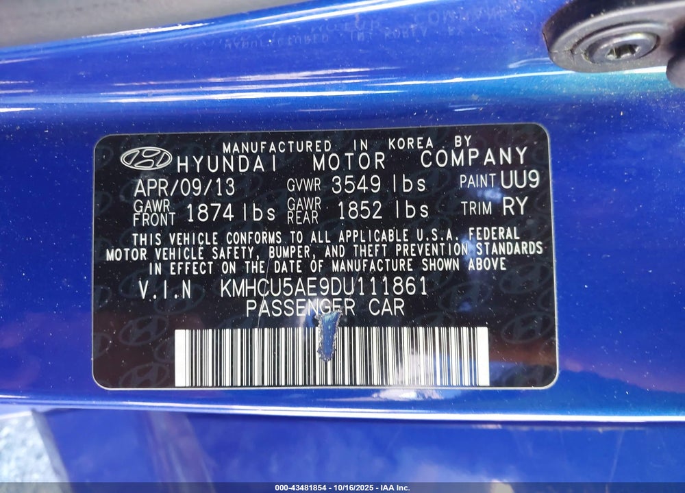 2013 HYUNDAI ACCENT VIN: KMHCU5AE9DU111861