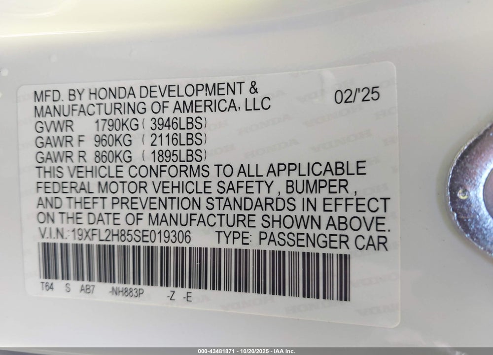 2025 HONDA CIVIC SEDAN SPORT VIN: 19XFL2H85SE019306