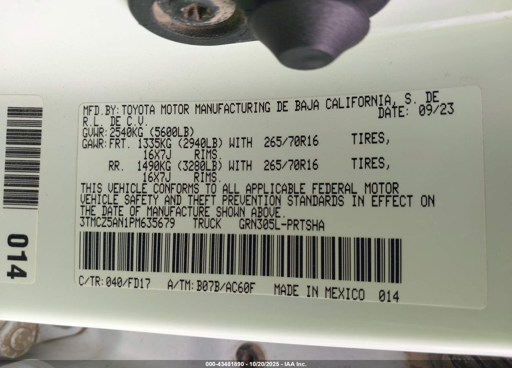 2023 TOYOTA TACOMA VIN: 3TMCZ5AN1PM635679