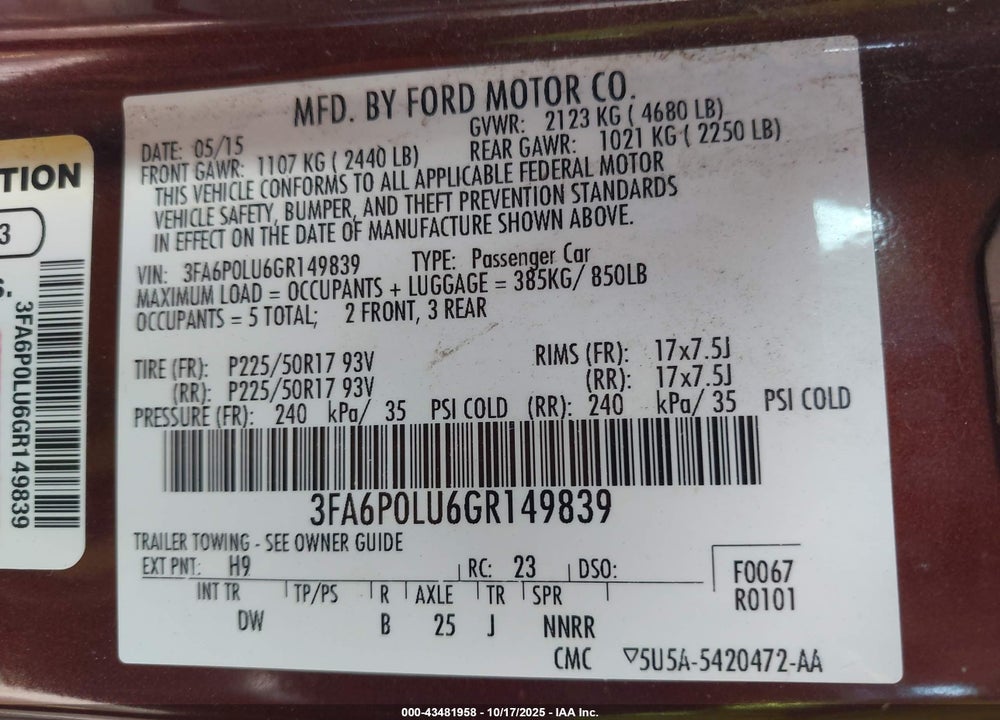2016 FORD FUSION HYBRID SE VIN: 3FA6P0LU6GR149839