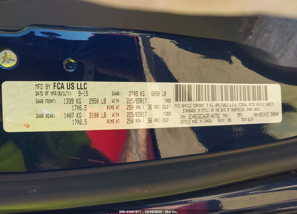 2016 DODGE GRAND CARAVAN R/T VIN: 2C4RDGEGXGR140793