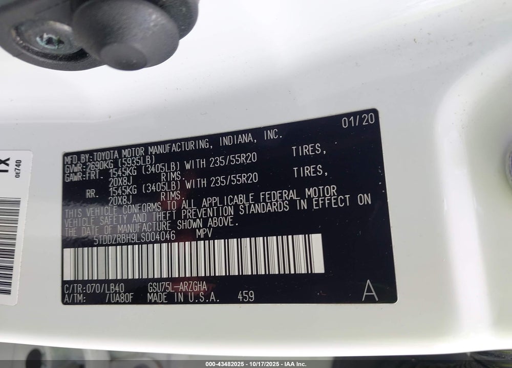 2020 TOYOTA HIGHLANDER VIN: 5TDDZRBH9LS004046