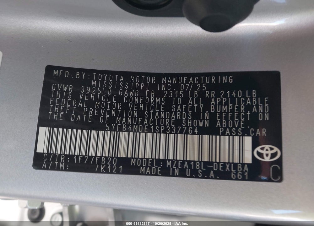 2025 TOYOTA COROLLA LE VIN: 5YFB4MDE1SP337764