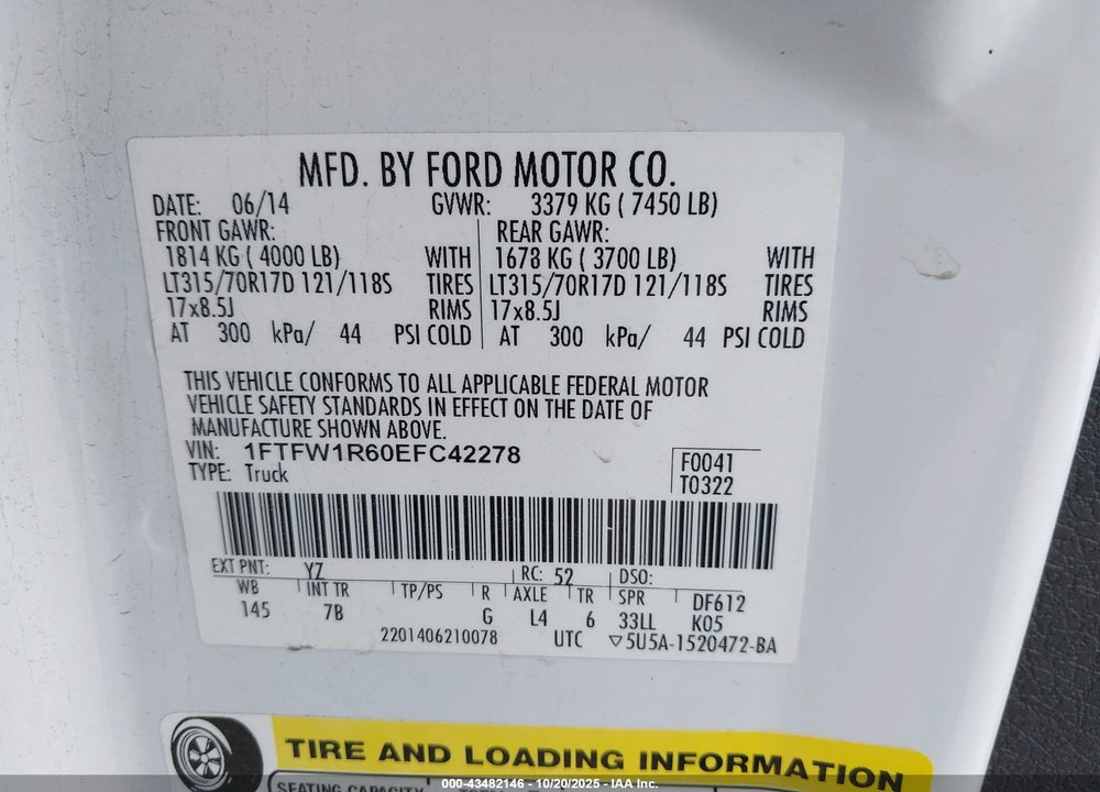 2014 FORD F-150 SVT RAPTOR VIN: 1FTFW1R60EFC42278
