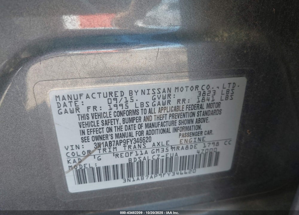 2015 NISSAN SENTRA S VIN: 3N1AB7AP9FY346620