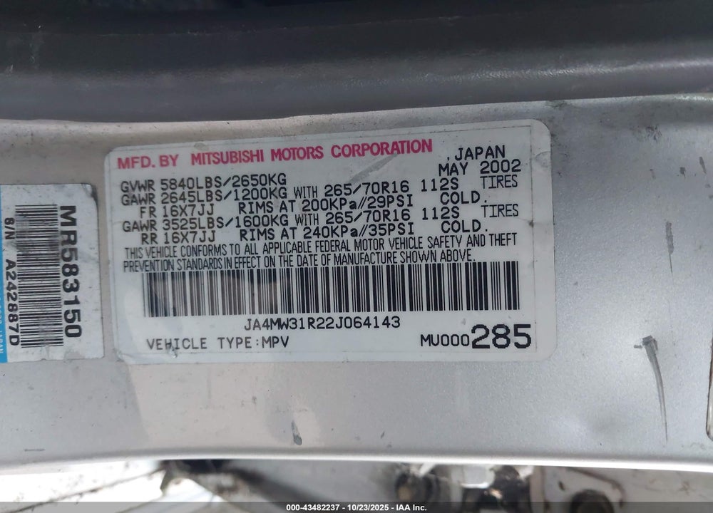2002 MITSUBISHI MONTERO XLS VIN: JA4MW31R22J064143