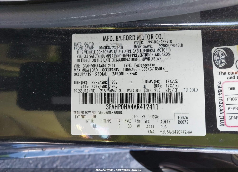 2010 FORD FUSION SE VIN: 3FAHP0HA4AR412411